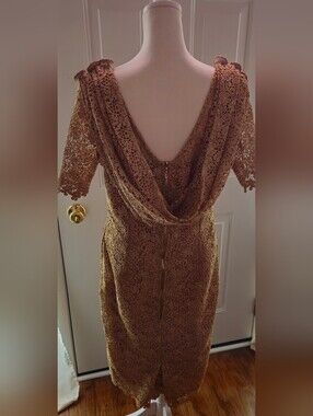 Custom Made Metallic Gold Lace Midi Dress with Draped Cowl Back